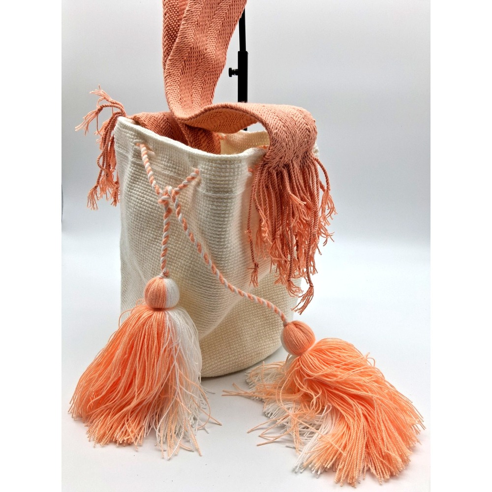 Boho Handmade Woven Mochila Artisan Crossbody Bucket Bag Cream Peach Tassel